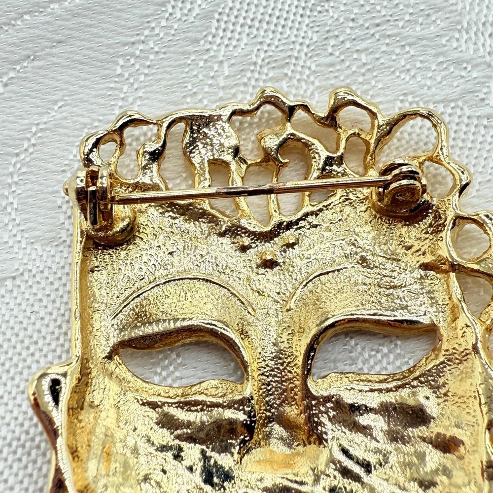 Vintage Gold Tone Theater Mask Woman Face Brooch w/ Rhinestones and Flowing Hair